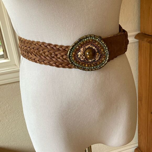 Woven Brown Leather Belt with Beaded Statement Buckle main image 9